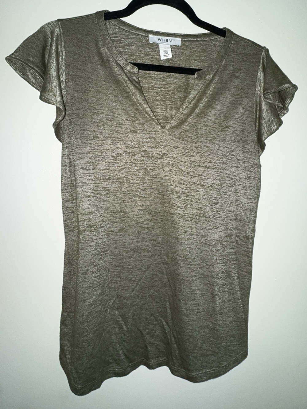 White House Black Market Metallic Bronze V-Neck Flutter Sleeve Tee